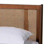 Lit Plateforme Noyer Marron Milieu de Siècle, Tête de Lit Bois & Rotin, Grand Lit / Très Grand Lit