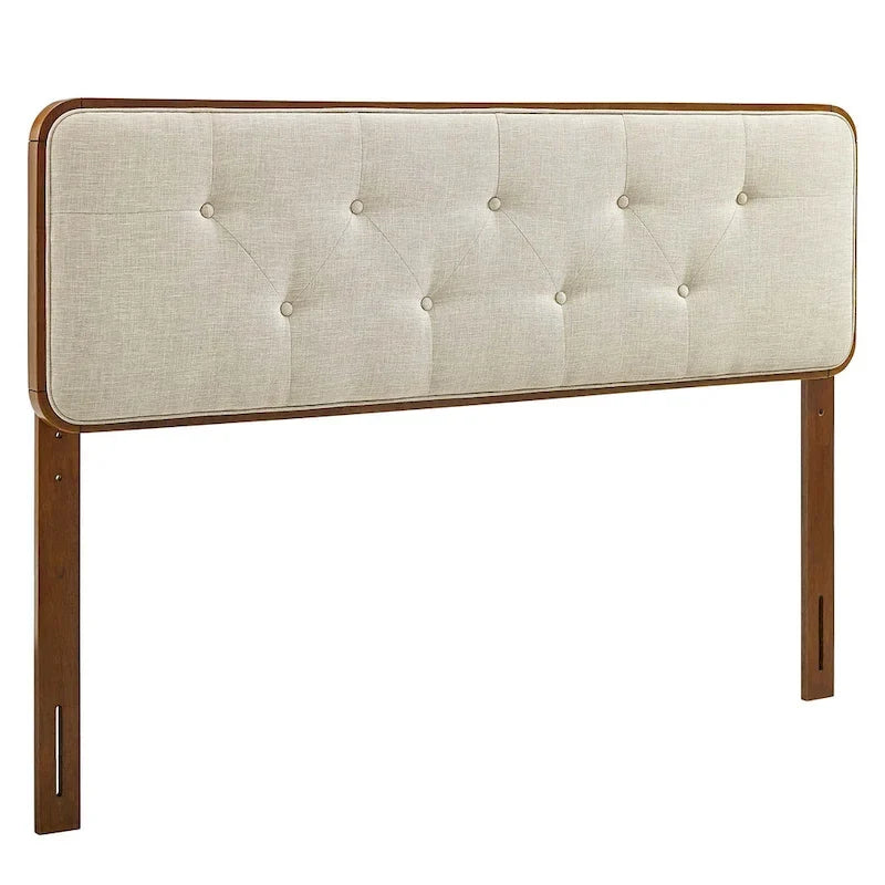 Tête de lit capitonnée double en tissu beige traditionnel Glendale avec cadre en noyer