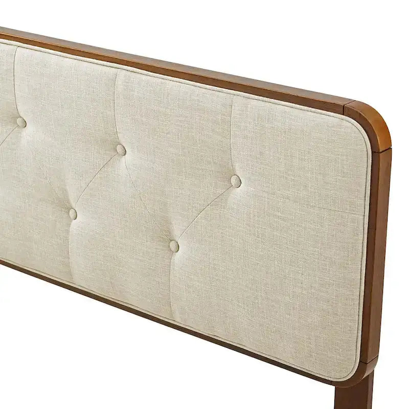 Tête de lit capitonnée double en tissu beige traditionnel Glendale avec cadre en noyer