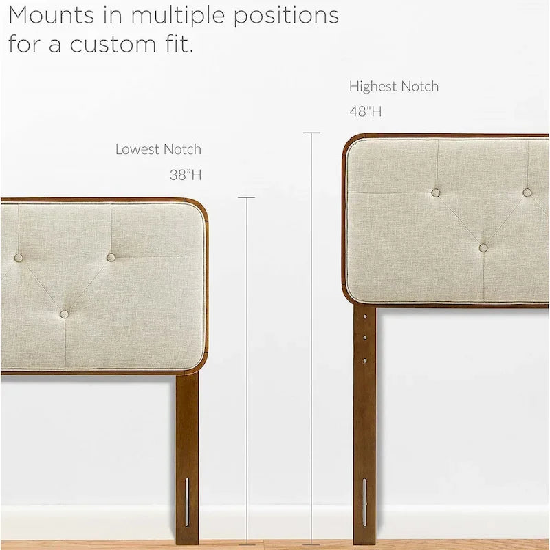 Tête de lit capitonnée double en tissu beige traditionnel Glendale avec cadre en noyer