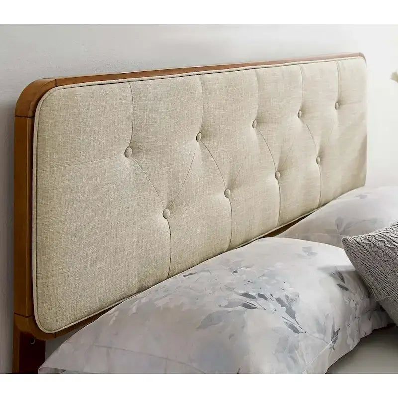 Tête de lit capitonnée double en tissu beige traditionnel Glendale avec cadre en noyer
