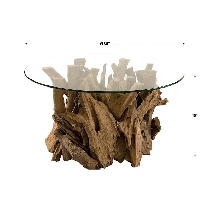 Table basse ronde en teck naturel et verre, 1 à 4 places