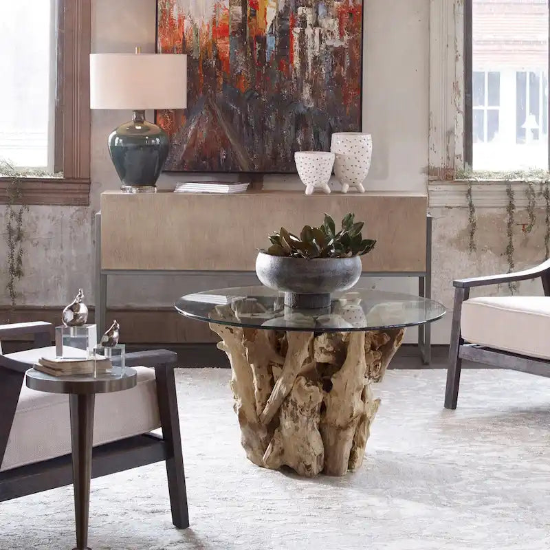 Table basse ronde en teck naturel et verre, 1 à 4 places
