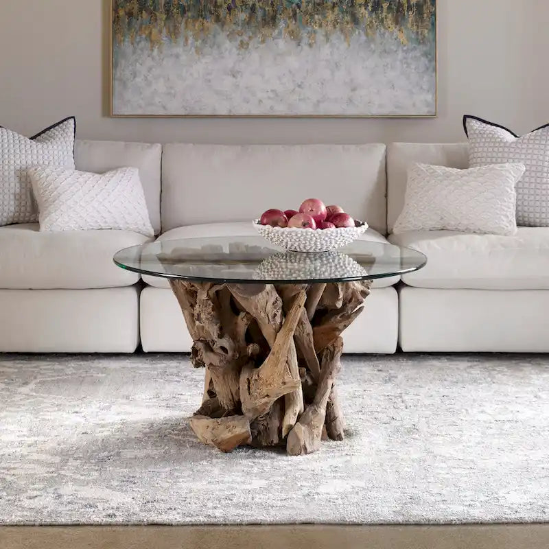 Table basse ronde en teck naturel et verre, 1 à 4 places