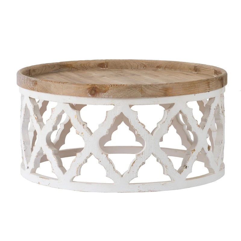 Table basse ronde marron et blanche, plateau en bois, 1 pièce