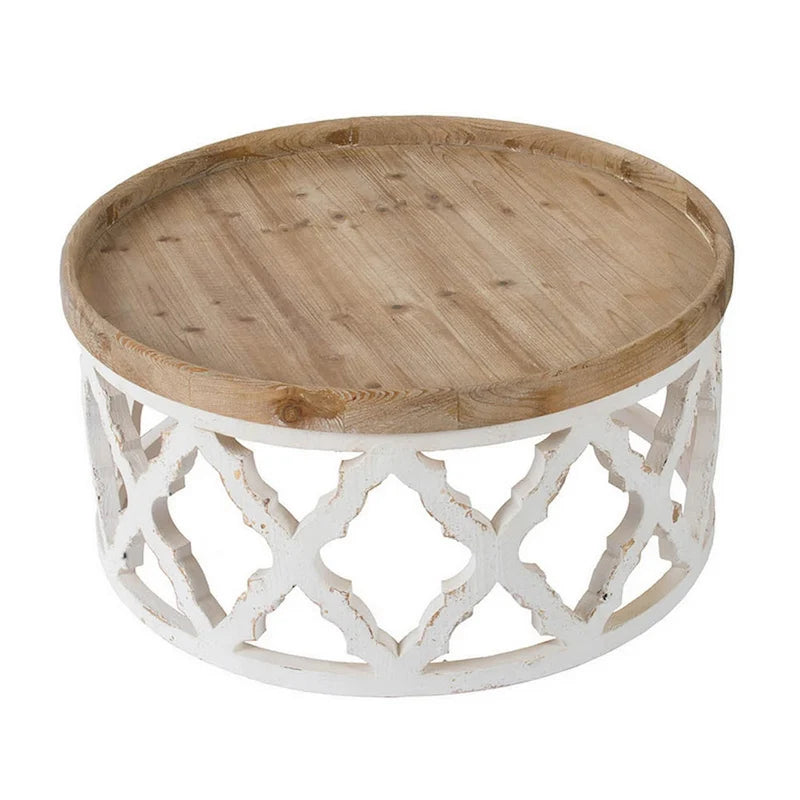 Table basse ronde marron et blanche, plateau en bois, 1 pièce