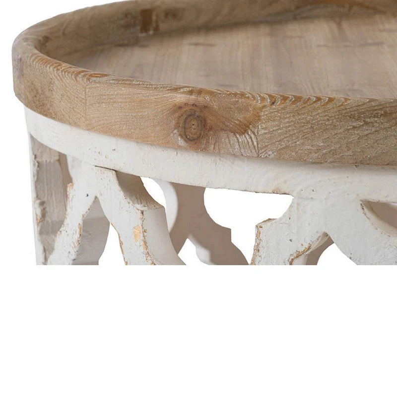 Table basse ronde marron et blanche, plateau en bois, 1 pièce