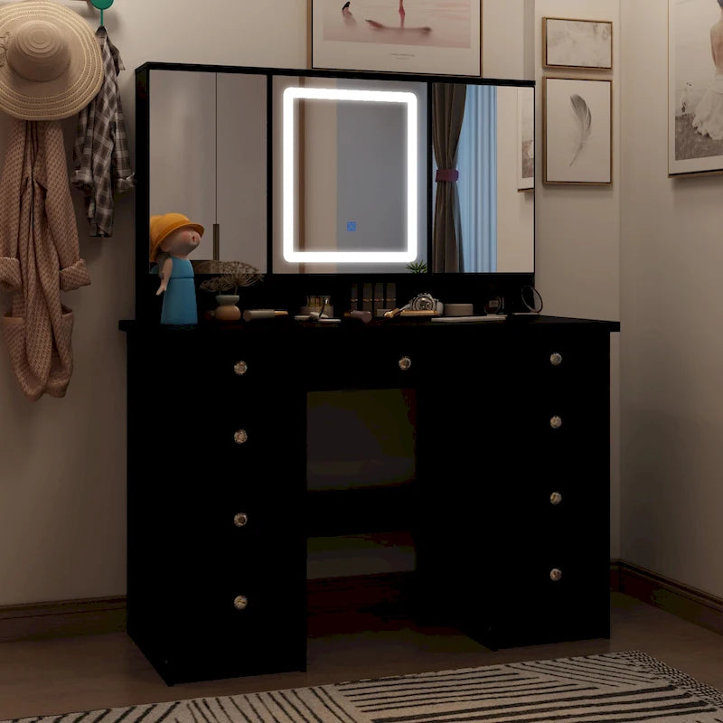 Coiffeuse avec miroir et éclairage LED | Blanc / Noir / Rose | 1 personne