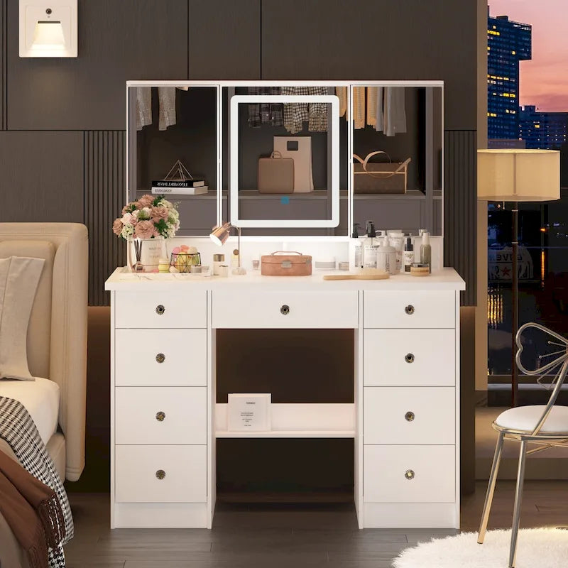 Coiffeuse avec miroir et éclairage LED | Blanc / Noir / Rose | 1 personne