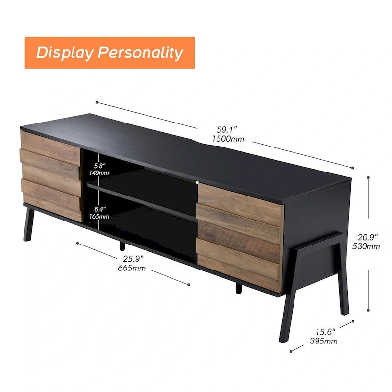 Meuble TV brun style Mid-Century, 150 cm, compatible avec téléviseurs jusqu'à 65 po