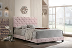 Lit plateforme en velours rose avec clous décoratifs, taille Queen