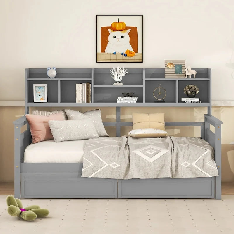 Lit de repos double expresso / gris / blanc avec tiroirs de rangement et étagère, 1 place assise ou couchée