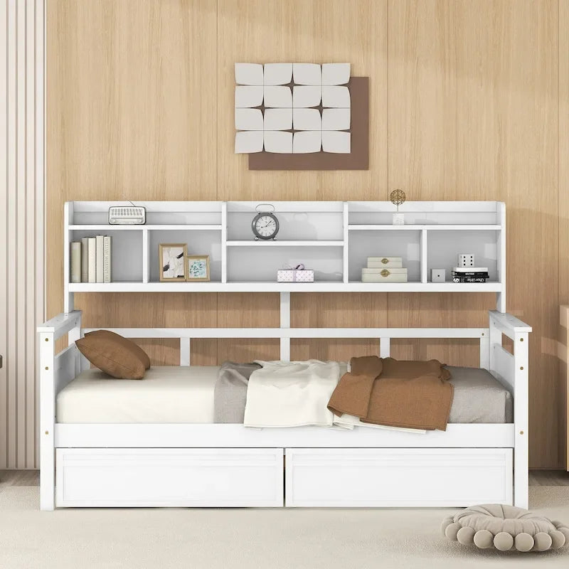 Lit de repos double expresso / gris / blanc avec tiroirs de rangement et étagère, 1 place assise ou couchée