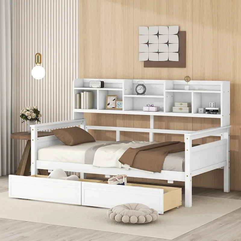 Lit de repos double expresso / gris / blanc avec tiroirs de rangement et étagère, 1 place assise ou couchée