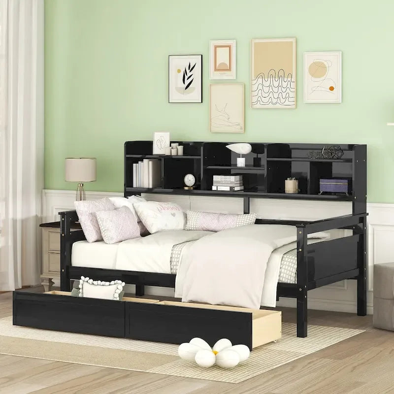 Lit de repos double expresso / gris / blanc avec tiroirs de rangement et étagère, 1 place assise ou couchée