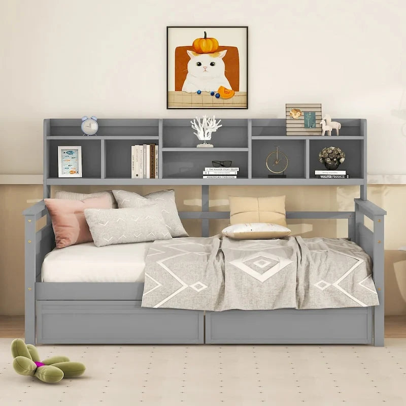 Lit de repos double expresso / gris / blanc avec tiroirs de rangement et étagère, 1 place assise ou couchée