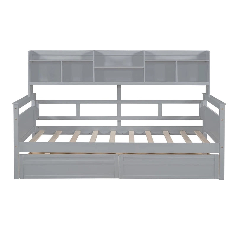 Lit de repos double expresso / gris / blanc avec tiroirs de rangement et étagère, 1 place assise ou couchée