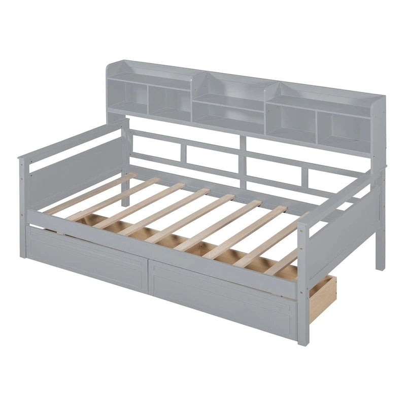 Lit de repos double expresso / gris / blanc avec tiroirs de rangement et étagère, 1 place assise ou couchée
