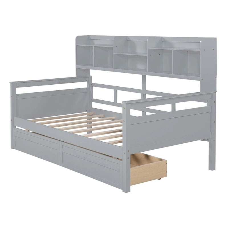 Lit de repos double expresso / gris / blanc avec tiroirs de rangement et étagère, 1 place assise ou couchée