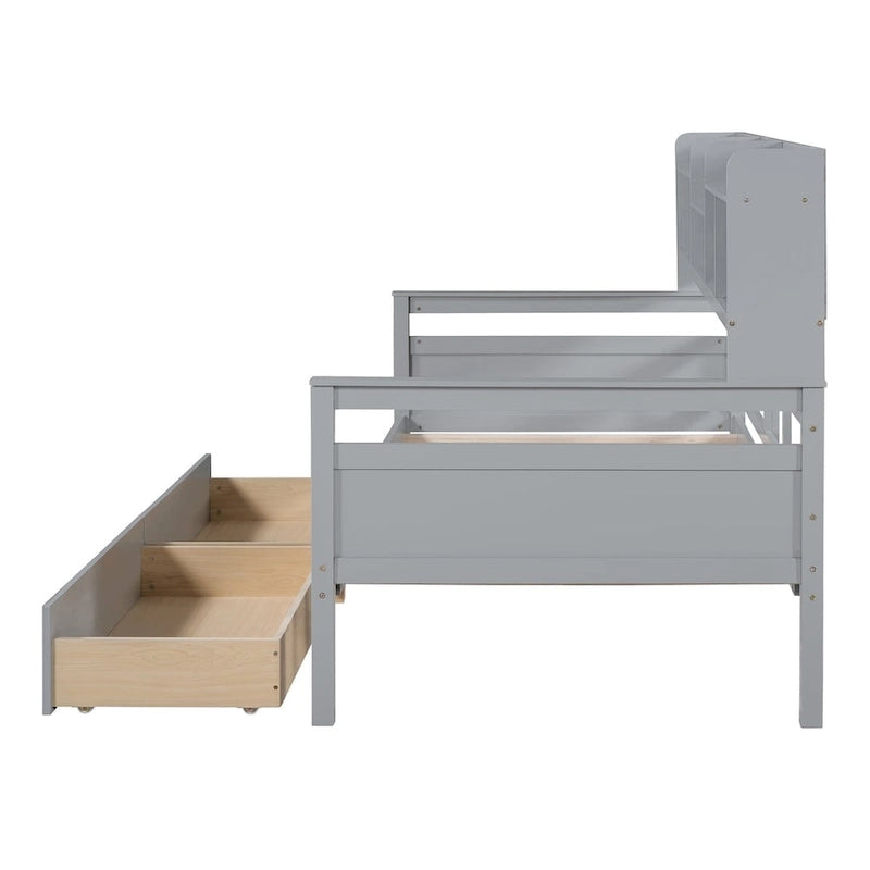 Lit de repos double expresso / gris / blanc avec tiroirs de rangement et étagère, 1 place assise ou couchée