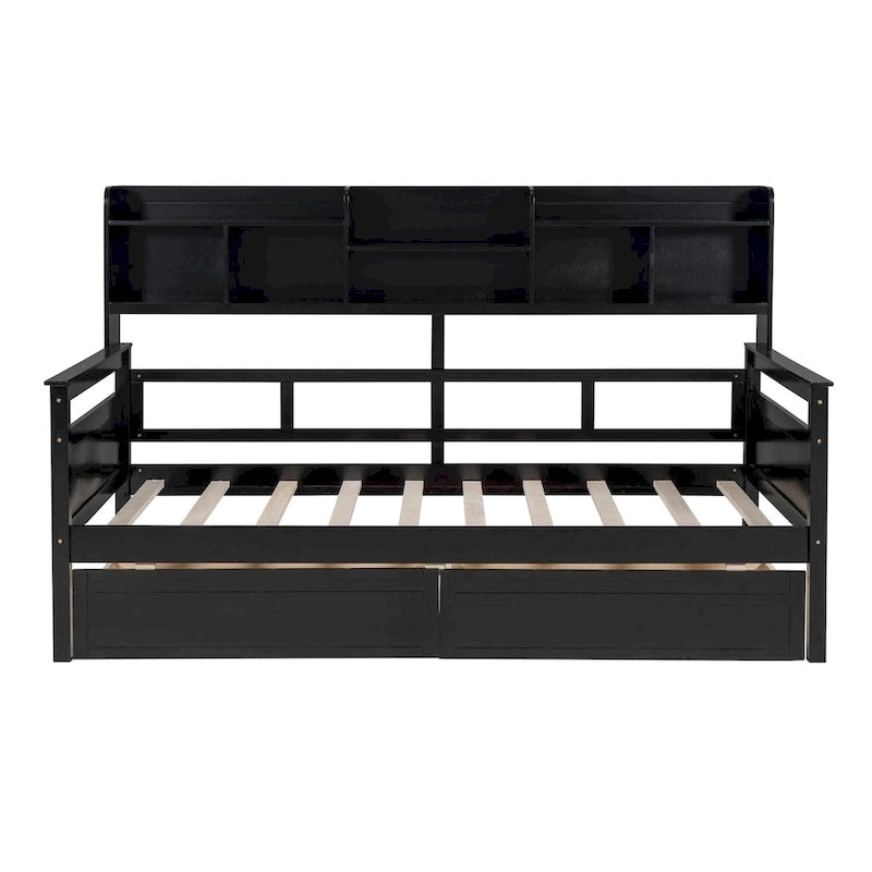 Lit de repos double expresso / gris / blanc avec tiroirs de rangement et étagère, 1 place assise ou couchée