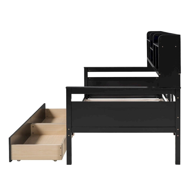 Lit de repos double expresso / gris / blanc avec tiroirs de rangement et étagère, 1 place assise ou couchée