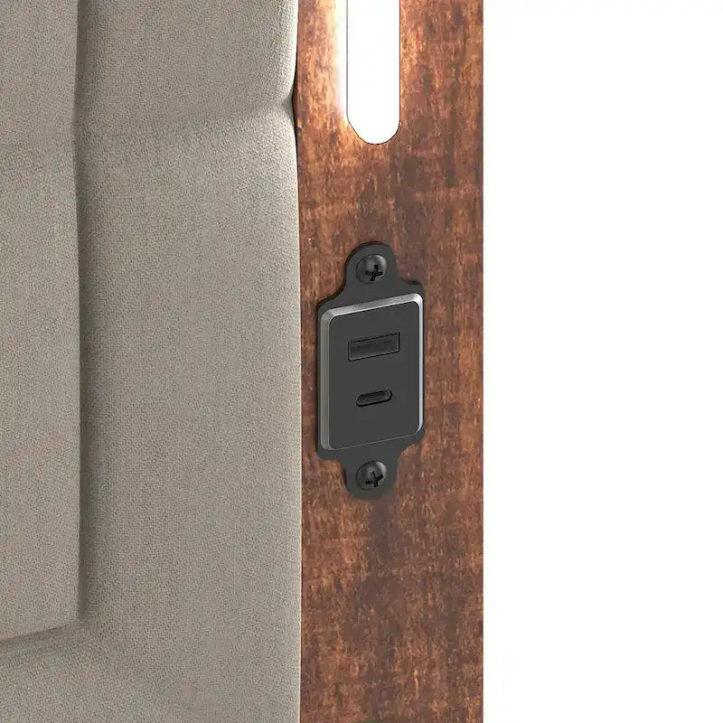 Cadre de lit Queen marron-gris, tête de lit rembourrée, LED et USB, 2 personnes