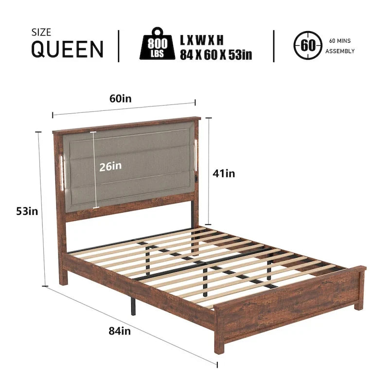 Cadre de lit Queen marron-gris, tête de lit rembourrée, LED et USB, 2 personnes