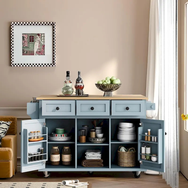 Dessert mobile de cuisine avec abattant, meuble de rangement et 3 tiroirs – Noir / Bleu / Blanc / Vert
