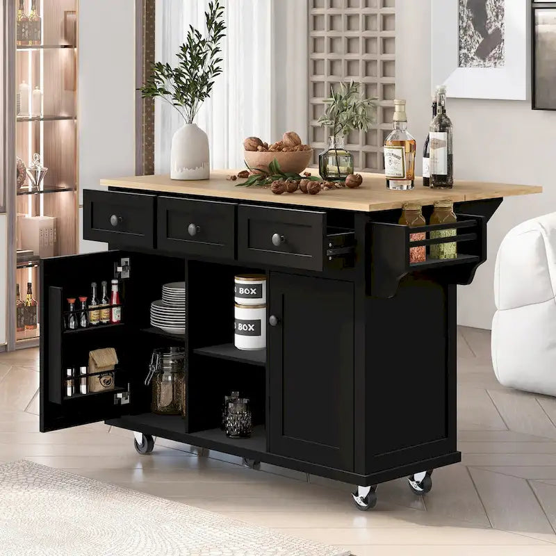 Dessert mobile de cuisine avec abattant, meuble de rangement et 3 tiroirs – Noir / Bleu / Blanc / Vert