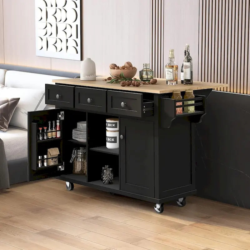 Dessert mobile de cuisine avec abattant, meuble de rangement et 3 tiroirs – Noir / Bleu / Blanc / Vert