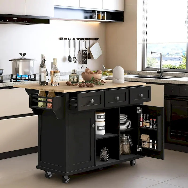 Dessert mobile de cuisine avec abattant, meuble de rangement et 3 tiroirs – Noir / Bleu / Blanc / Vert