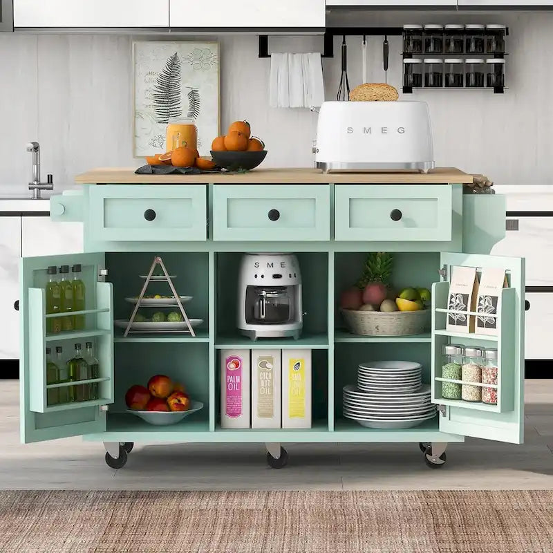 Dessert mobile de cuisine avec abattant, meuble de rangement et 3 tiroirs – Noir / Bleu / Blanc / Vert