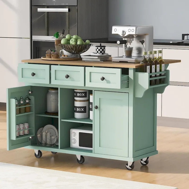 Dessert mobile de cuisine avec abattant, meuble de rangement et 3 tiroirs – Noir / Bleu / Blanc / Vert