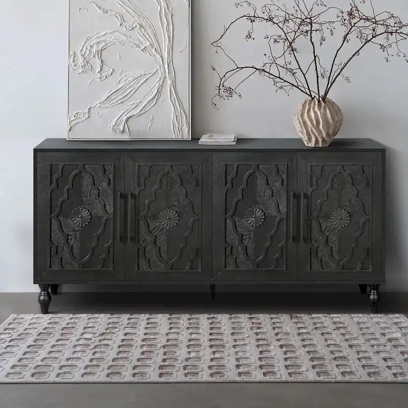 Meuble de rangement 4 portes, noir/naturel, style bois sculpté