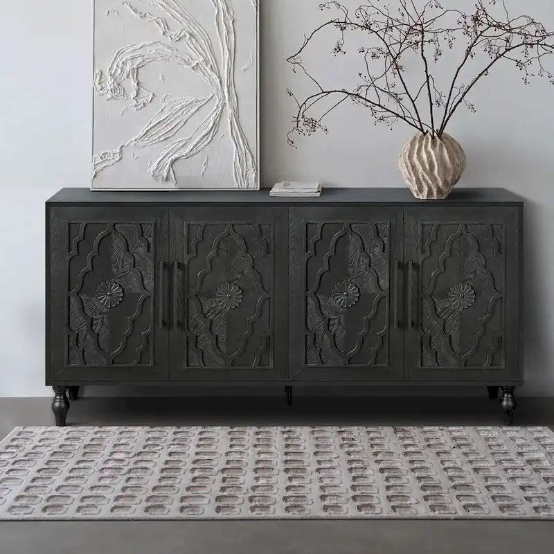 Meuble de rangement 4 portes, noir/naturel, style bois sculpté