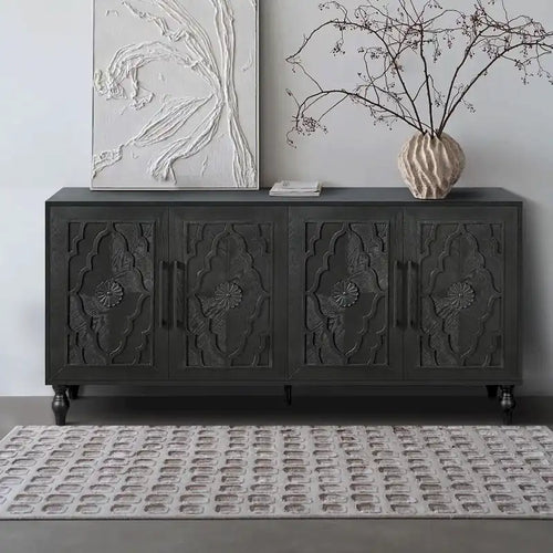 Meuble de rangement 4 portes, noir/naturel, style bois sculpté