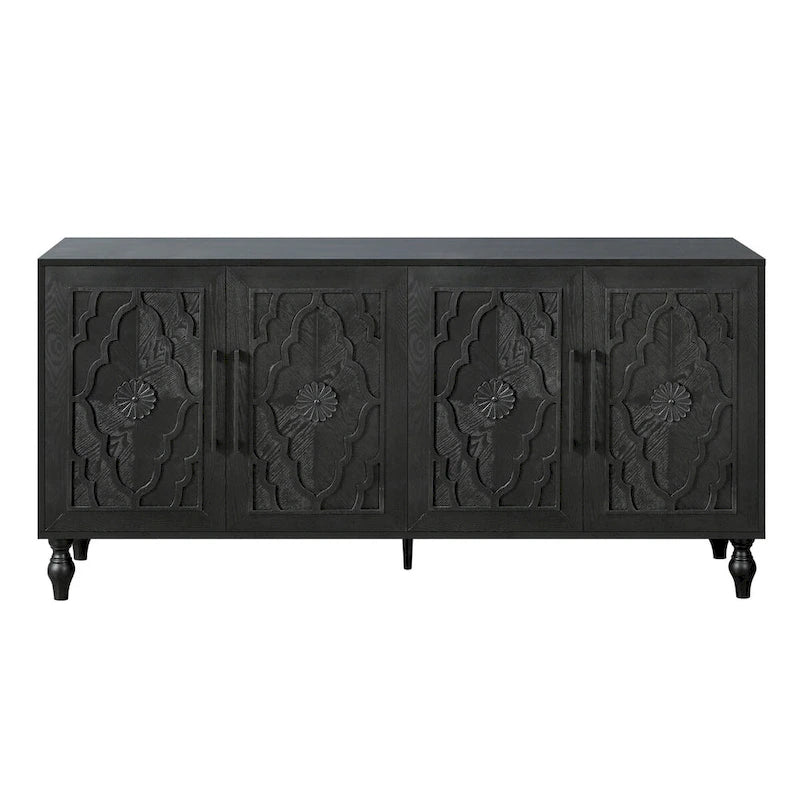 Meuble de rangement 4 portes, noir/naturel, style bois sculpté
