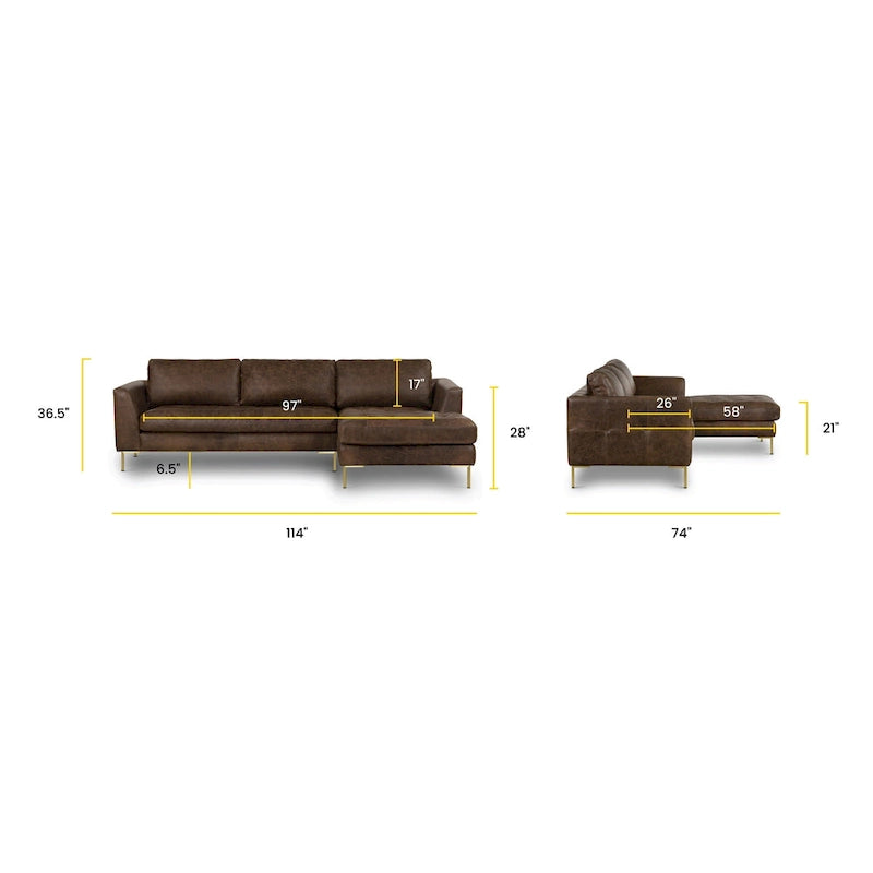 Canapé d'angle droit – Cuir italien, plusieurs couleurs et styles de pieds, 3-4 places