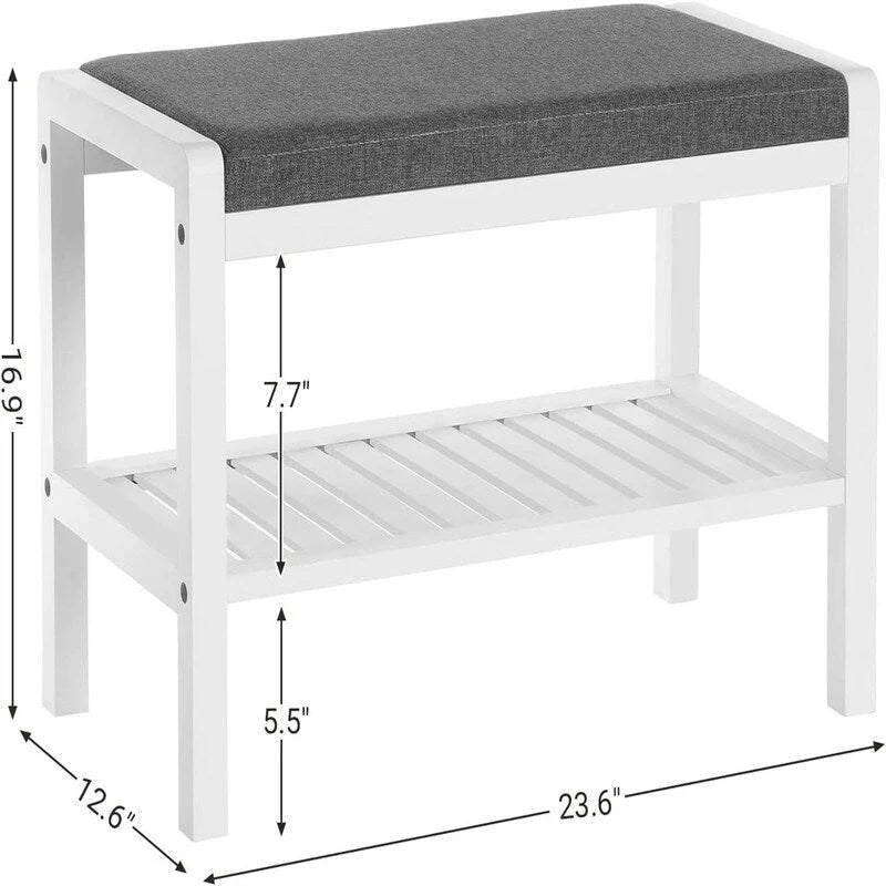 Banc d'entrée capitonné gris et blanc avec étagère à chaussures, 1 place