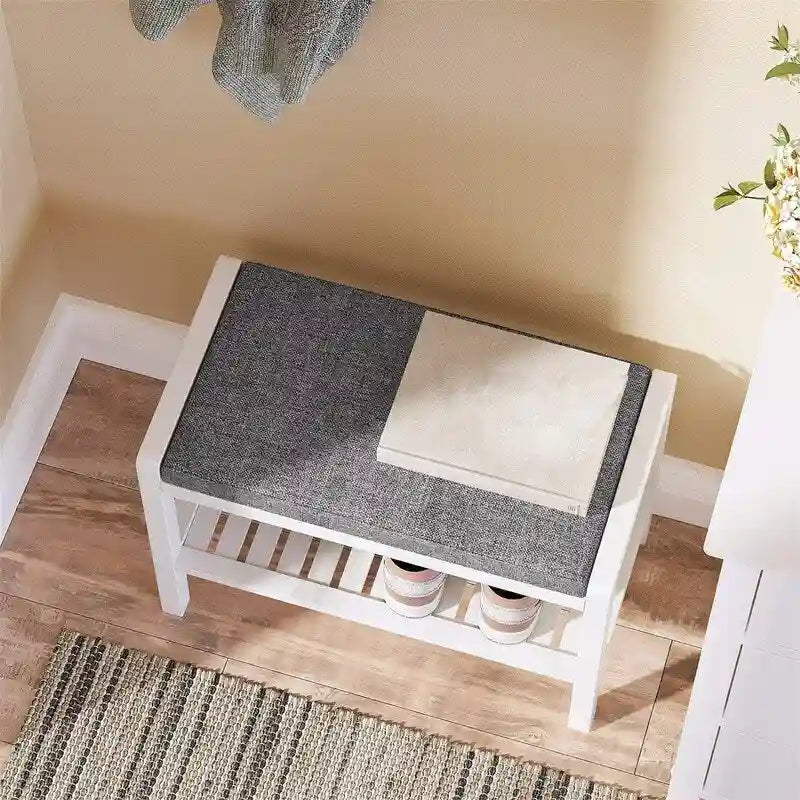 Banc d'entrée capitonné gris et blanc avec étagère à chaussures, 1 place