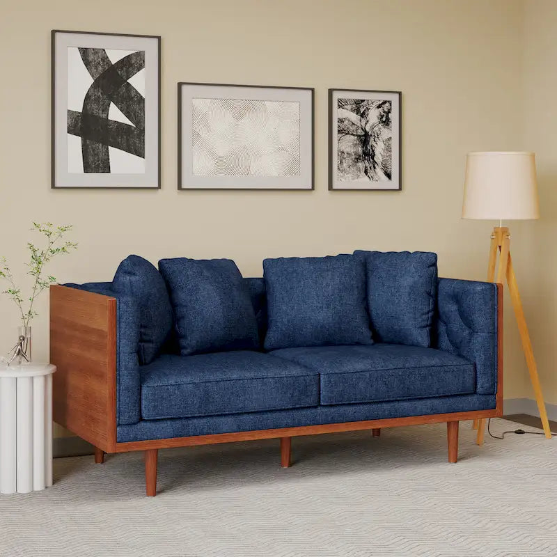 Causeuse en tissu touffeté bleu marine / beige foncé / anthracite avec coussins décoratifs, 2 places