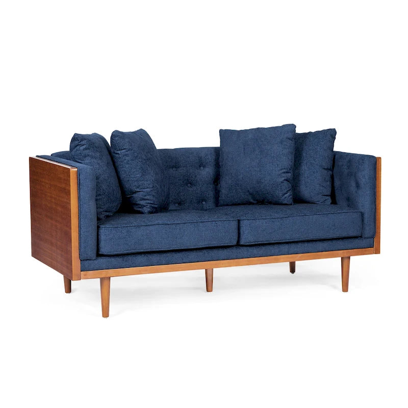 Causeuse en tissu touffeté bleu marine / beige foncé / anthracite avec coussins décoratifs, 2 places