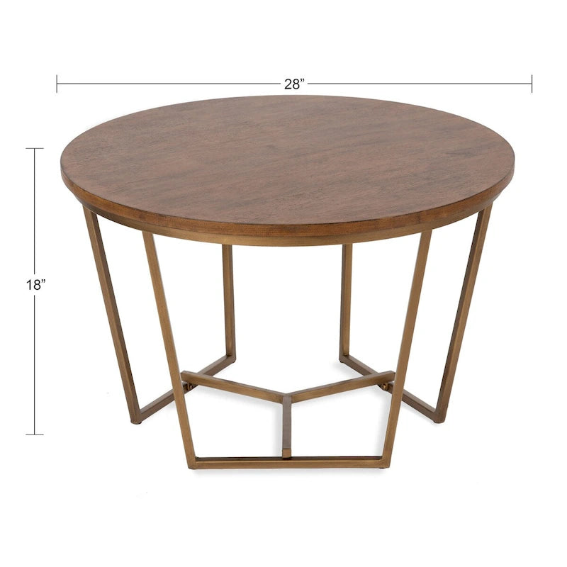 Table basse ronde, noyer marron et or, plateau en bois et piètement en métal