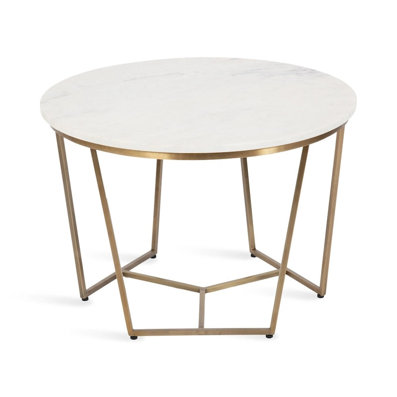 Table basse ronde, noyer marron et or, plateau en bois et piètement en métal