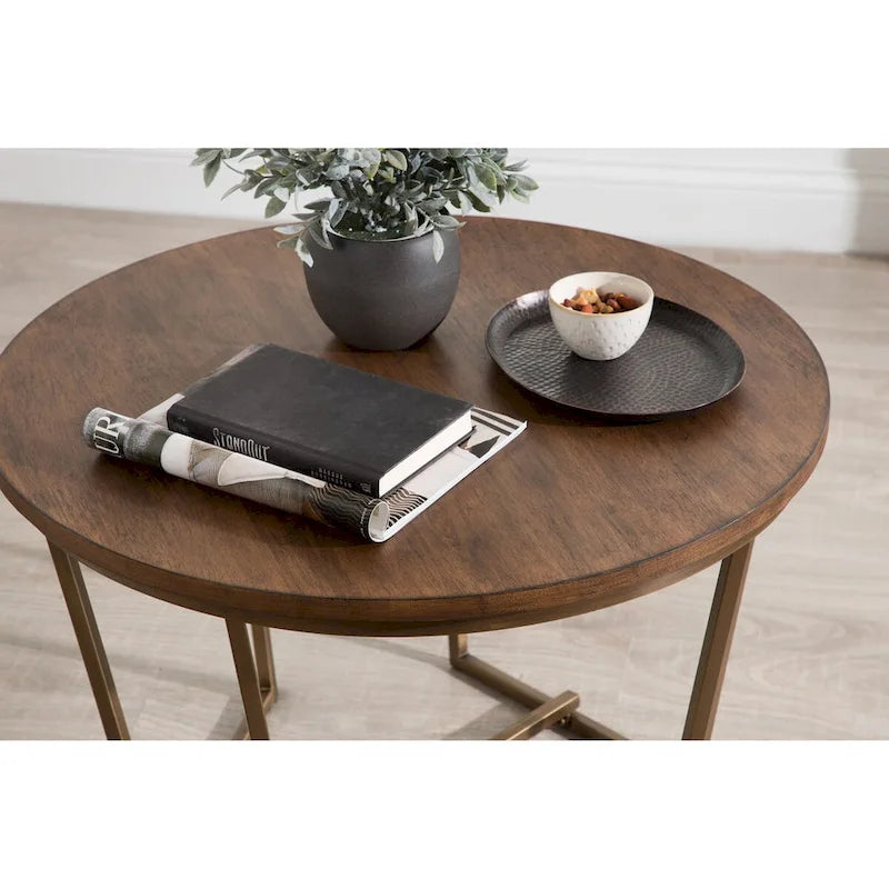 Table basse ronde, noyer marron et or, plateau en bois et piètement en métal