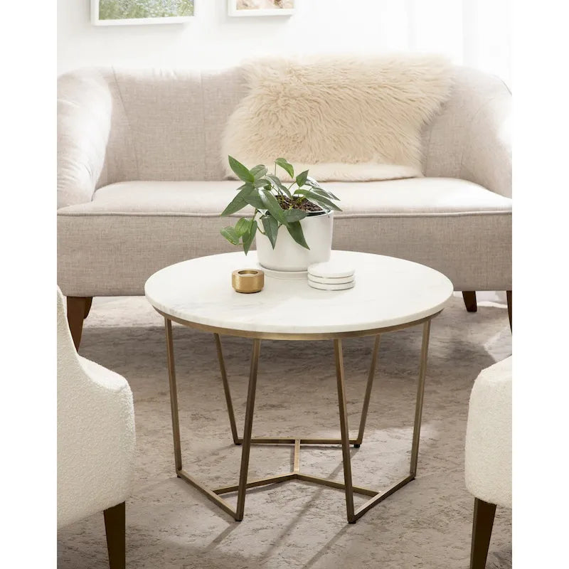 Table basse ronde, noyer marron et or, plateau en bois et piètement en métal