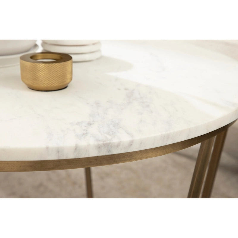 Table basse ronde, noyer marron et or, plateau en bois et piètement en métal