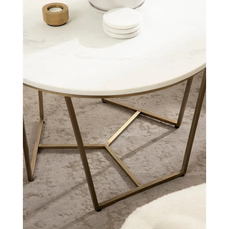 Table basse ronde, noyer marron et or, plateau en bois et piètement en métal