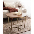 Table basse ronde, noyer marron et or, plateau en bois et piètement en métal